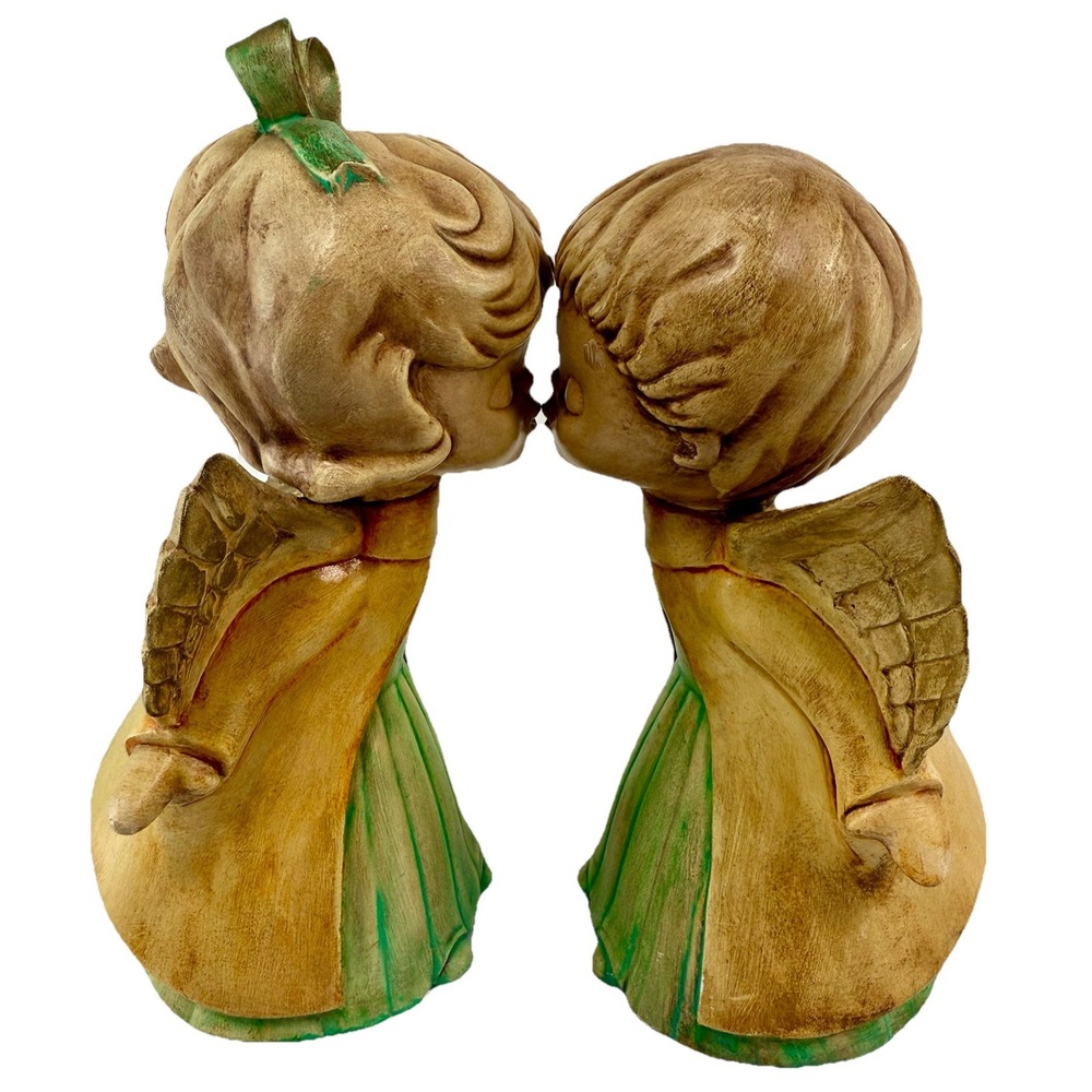 Vintage Kissing Angel Figurines Pair Hand Painted Ceramic 8" Decor 60's-70's